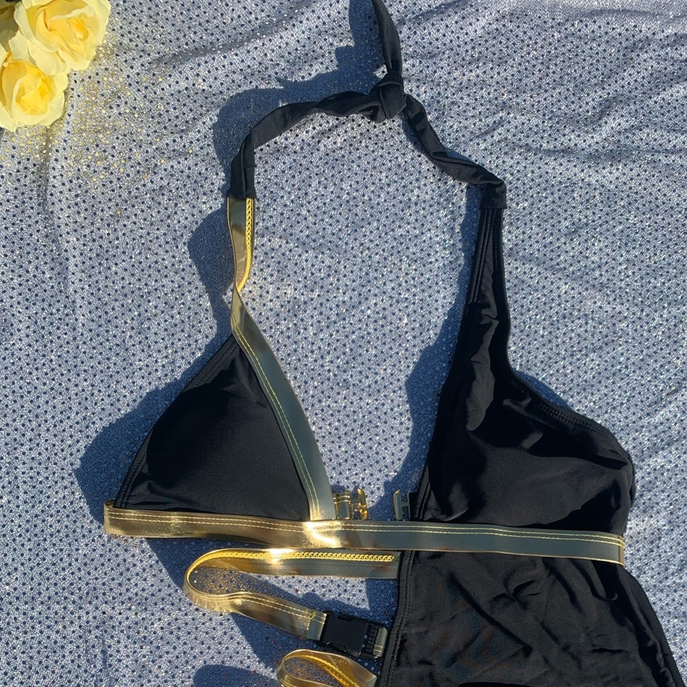 Black and Gold Buckled Strappy  One Piece - Picture 4 of 8